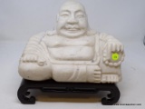 (R2) MARBLE BUDDHA; ORIENTAL MARBLE BUDDHA ON ROSEWOOD STAND- 12 IN X 6 IN X 11 IN