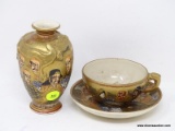 (R2) SATSUMA; 2 SATSUMA PORCELAIN ITEMS- VASE WITH APPLIED DRAGON- 5 IN H- AND CUP AND SAUCER