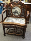 (R2) ORIENTAL CHAIR; ORIENTAL CARVED ROSEWOOD AND MARBLE CHAIR-INTRICATELY CARVED FLOWERS VASES AND