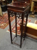 (R2) PLANT STAND; ORIENTAL CARVED ROSEWOOD PLANT STAND, INCLUDES SILK DOILIES- 13 IN X 13 IN X 44 IN