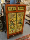 (R2) ORIENTAL CABINET; DISTRESSED PAINTED ORIENTAL CABINET WITH 2 PAINTED DRAWERS WITH DOVETAILING