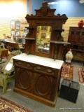 (R2) VICTORIAN SIDEBOARD; ANTIQUE WALNUT VICTORIAN MARBLE TOP SIDEBOARD WITH MIRROR TOP- CARVED