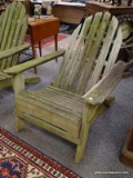 (R2) PATIO CHAIR; ONE OF 3 WOODEN ADIRONDACK STYLE PATIO CHAIRS- 30 IN X 37 IN X 35 IN