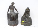 (R2) BOOKENDS; 2 BOOKENDS- ART NOUVEAU BOOKEND OF SEATED WOMAN- 7 IN H AND ART DECO CLOWN BOOKEND- 5