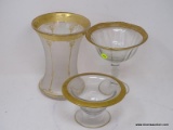 (R2) VINTAGE GLASS LOT; 3 PCS OF GOLD RIMMED GLASS- ART NOUVEAU CRYSTAL AND IRIDESCENT VASE WITH