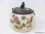 (R2) BISCUIT JAR; WAVECREST AND THISTLE PAINTED BISCUIT JAR WITH PEWTER TOP WITH BIRD MOTIF- 8 IN H