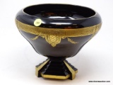 (R2) COMPOTE; ART NOUVEAU BLACK AMETHYST AND GOLD TRIMMED COMPOTE- 7 IN H