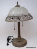 (R2) LAMP; PAINTED METAL BASE LAMP WITH METAL AND FROSTED GLASS SHADE- 13 IN DIA. X 23IN H