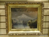 (LEFT WALL) OIL ON BOARD; VINTAGE OIL ON BOARD OF LANDSCAPE IN GOLD GILDED AND EMBOSSED FRAME-