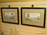 (LEFT WALL) FRAMED ENGRAVINGS; PR. OF FRAMED AND MATTED COLORED ENGRAVING OF EUROPEAN CITY I BLACK