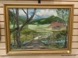 (LEFT WALL) OIL ON CANVAS; FRAMED OIL ON CANVAS OF LANDSCAPE BY JUNE ANDREA IN GOLD FRAME- 28 IN X