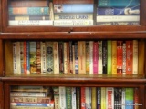 (RIGHT WALL) COOKBOOKS; SHELF LOT OF COOKBOOKS- FARM JOURNAL, AMY VANDERBILT'S, FRENCH CHEF, ETC..