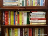 (RIGHT WALL) COOKBOOKS; SHELF LOT OF COOKBOOKS- JOY OF COOKING, NEW YORK TIMES, TYLER FLORENCE,