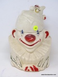 (RIGHT WALL) VINTAGE COOKIE JAR; VINTAGE MCCOY 1940'S CLOWN COOKIE JAR, HAS CRACKS- 11 IN H.