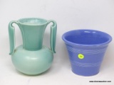 (RIGHT WALL) ART POTTERY; 2 PCS. OF VINTAGE ART POTTERY- STANGL 2 HANDLED VASE- 7 IN H. AND A BLUE