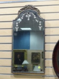 (RIGHT WALL) MIRROR; VINTAGE BEVEL AND ETCHED GLASS MIRROR- 13 IN X 17 IN