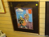 (RIGHT WALL) ORIENTAL PRINT; FRAMED AND MATTED ORIENTAL PRINT IN GOLD TONED FRAME- 17 IN X 21 IN