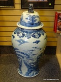 (RIGHT WALL) GINGER JAR; ONE OF A PAIR OF LARGE BLUE AND WHITE CHINESE EXPORT GINGER JAR WITH FOO