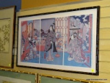 (RIGHT WALL) ORIENTAL PRINT; FRAMED ORIENTAL PRINT OF GEISHA GIRLS IN BLACK BAMBOO STYLE FRAME- 34