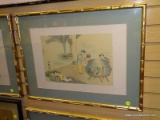 (RIGHT WALL) ORIENTAL WATERCOLOR; FRAMED ORIENTAL WATERCOLOR ON SILK OF CHILDREN WATCHING FISH IN