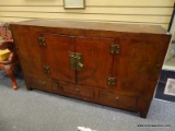 (RIGHT WALL) ORIENTAL CABINET; DISTRESSED PAINTED AND STENCILED PINE ORIENTAL CABINET WITH 2 DOORS