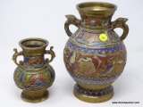 (RIGHT WALL) CHAMPLEVE VASES; 2 CHAMPLEVE VASES- 6 IN AND 9.5 IN H