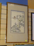 (RIGHT WALL) ORIENTAL WATERCOLOR; FRAMED AND DOUBLE MATTED ORIENTAL WATERCOLOR OF BIRD AND FLOWERS