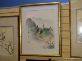 (RIGHT WALL) ORIENTAL PAINTING; FRAMED AND MATTED ORIENTAL PAINTING ON SILK OF LANDSCAPE WITH ASIAN