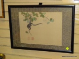 (RIGHT WALL) ORIENTAL WATERCOLOR; FRAMED WATERCOLOR OF MONKEY IN TREE ON RICE PAPER ON SILK, IN