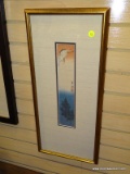 (RIGHT WALL) FRAMED ORIENTAL WATERCOLOR; FRAMED AND DOUBLE MATTED WATERCOLOR ON RICE PAPER OF CRANE