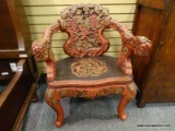 (RIGHT WALL) ORIENTAL CHAIR; HEAVILY CARVED AND PAINTED TEAKWOOD CHAIR WITH PAINTED DRAGON SEAT,