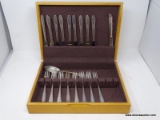 (RIGHT WALL) FLATWARE AND BOX; 17 PCS. OF ROGERS SILVER-PLATE FLATWARE- 9 KNIVES AND 8 FORKS AND 2