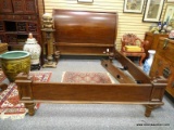 (RIGHT WALL) QUEEN BED; CHERRY QUEEN SIZE SLEIGH BED WITH WOODEN RAILS- 66 IN X 89 IN X 56 IN