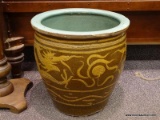 (RIGHT WALL) PLANTER; LARGE ORIENTAL DRAGON MOTIF PLANTER- CHIP ALONG RIM AND BASE- 20 IN DIA. X 20