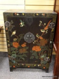 (RIGHT WALL) ORIENTAL CABINET; ORIENTAL BLACK LACQUERED AND PAINTED CABINET WITH BIRDS AND FLOWERS (