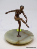 (RIGHT WALL) ART NOUVEAU ASHTRAY; ALABASTER AND COPPER ART NOUVEAU NUDE DANCER ASHTRAY- 6.5 IN H
