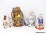 (RIGHT WALL) BUDDHA FIGURINES; 4 BUDDHA FIGURINES- 3 PORCELAIN- 4, 5 AND 6 IN H. AND A SATSUMA