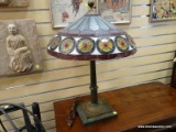 (RIGHT WALL) ANTIQUE LAMP; ANTIQUE COPPER AND MARBLE LAMP WITH ORIGINAL STAINED GLASS AND JEWELED