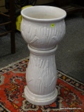 (RIGHT WALL) JARDINIERE AND PEDESTAL; VINTAGE ART POTTERY JARDINIERE AND PEDESTAL WITH CATTAILS- 22
