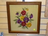 (RIGHT WALL) FRAMED NEEDLEPOINT; FRAMED FLORAL NEEDLEPOINT IN EMBOSSED CHERRY FRAME- 16 IN X 16 IN