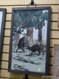 (RIGHT WALL) ORIENTAL PAINTING; FRAMED ORIENTAL PAINTING ON PORCELAIN OF BOYS ON WATER BUFFALO HAS