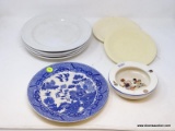 (RIGHT WALL) MISC.. CHINA; LOT OF MISC.. CHINA- 4 IRONSTONE DINNER PLATES, 1 VINTAGE BLUE WILLOW