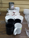 (RIGHT WALL) MUG LOT; 9 MUGS, STAINLESS STEEL TRAVEL MUG AND 3 LARGE SOUP MUGS