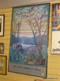 (RIGHT WALL) FRAMED POSTER; FRAMED POSTER OF THE METROPOLITAN MUSEUM'S NEW WING OF A TIFFANY WINDOW