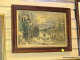 (BACK WALL) FRAMED PRINT; FRAMED CURRIER AND IVE PRINT- SKATING SCENE- MOONLIGHT- IN OAK FRAME- 15