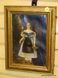 (BACK WALL) FRAMED PAINTING; FRAMED ANTIQUE FOLK ART PAINTING ON PAPER OF VICTORIAN GIRL IN GOLD