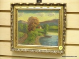 (BACK WALL) FRAMED OIL; FAMED OIL ON BOARD OF LANDSCAPE IN GOLD EMBOSSED FRAME- 10 IN X 9 IN