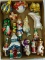 (LWALL) TRAY LOT OF ASSORTED GLASS ORNAMENTS; 15 PIECE LOT TO INCLUDE 3 STACKED SANTAS, A CREAM