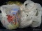 (BWALL) TUB LOT OF ASSORTED CHRISTMAS DECORATIONS; INCLUDES PRESENT ORNAMENTS, TREE RIBBON