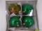 (R1) SET OF 4 GLASS BALL ORNAMENTS TO INCLUDE 3 GREEN BALLS AND A FLORAL PAINTED GREEN BALL.